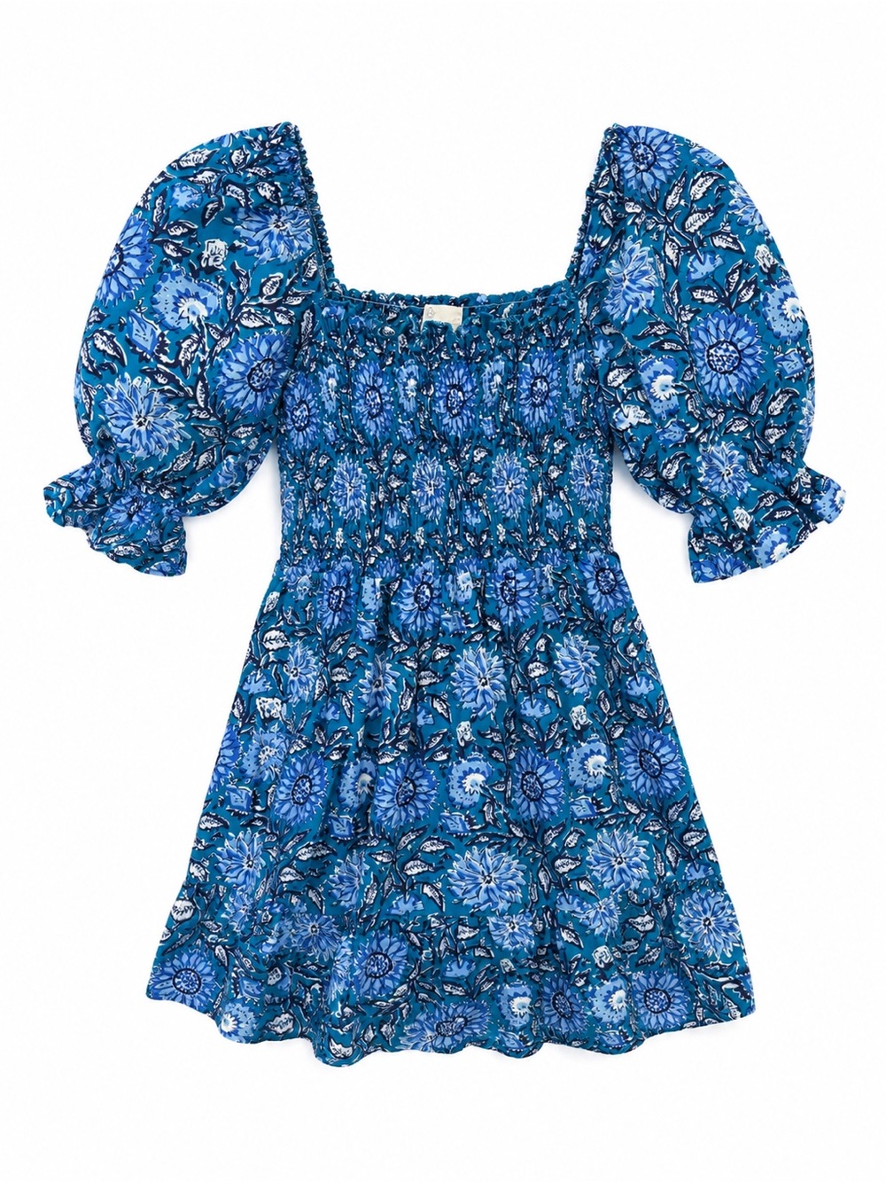 Smocked Square-Neck Mini Dress in Blue Floral
